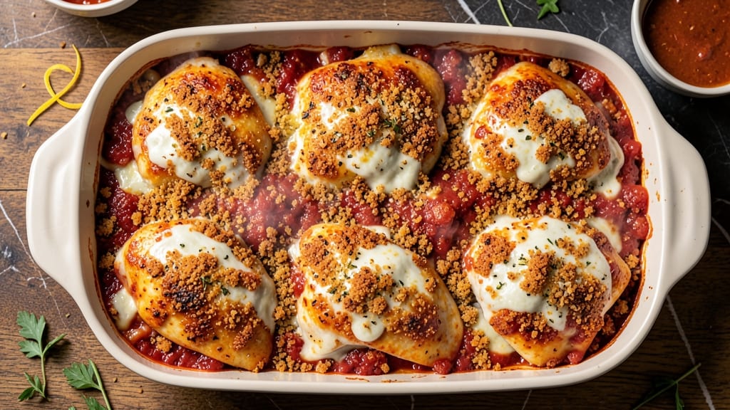 Baked Chicken Parmesan Casserole Recipe: Triple-Layered Crunch With Melty Cheese Rivers