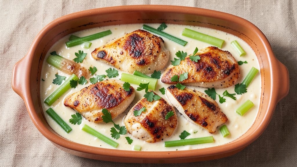 Campbell's Chicken Bake Recipe: Celery Crown Crunch Over Creamy Herb Swirls